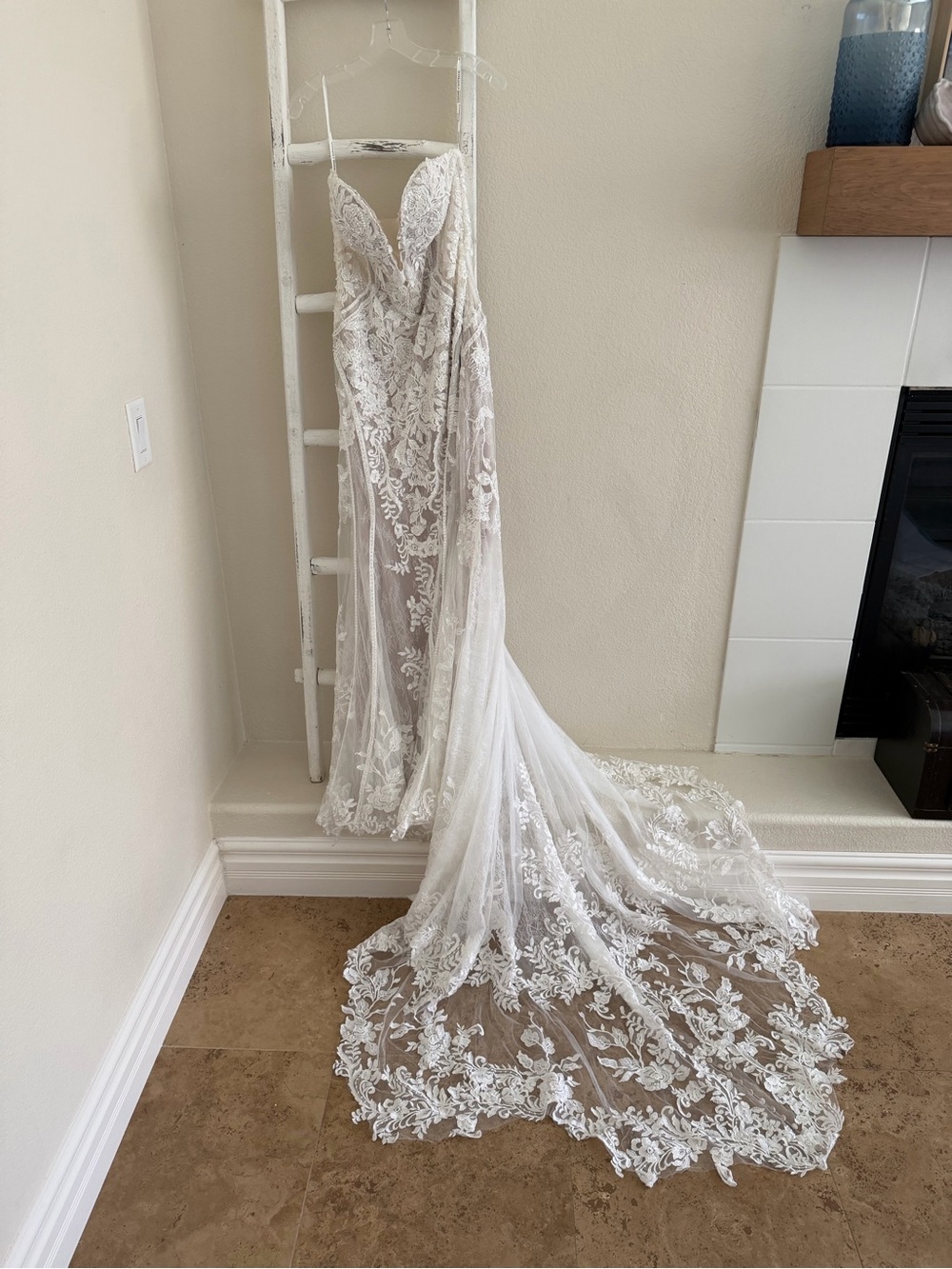 Off-the-Shoulder Lace Fit-and-Flare Wedding Gown - White - Picture 6 of 16